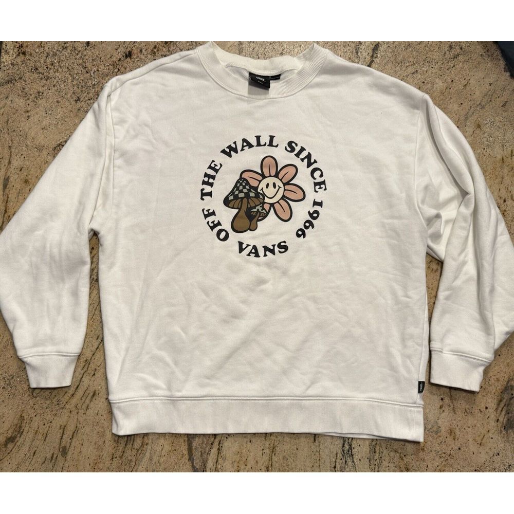 Vans Sweatshirt Womens Small White Off The Wall Oversized Boxy Sweater Fleece - Picture 1 of 8